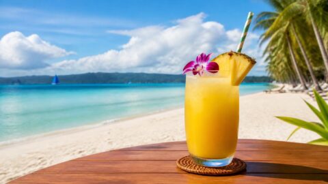 Tropical cocktail with a paper straw on Boracay's famous white sand beach