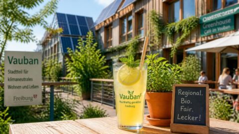 Refreshment with an eco-friendly paper straw at a sustainable café in Freiburg's Vauban district