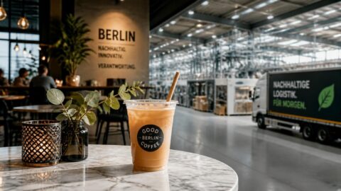 Premium paper straw in a cold drink at a Berlin café with an industrial manufacturing background