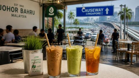 Iced Malaysian beverage with a paper straw in a Johor Bahru café near the Singapore Causeway