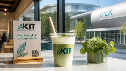 Sustainable beverage with a paper straw at a modern tech-forward café near KIT in Karlsruhe