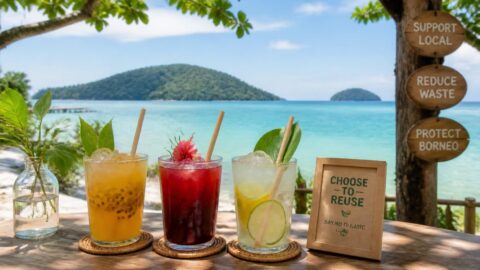 Iced tropical beverages with paper straws against the backdrop of Kota Kinabalu's Tunku Abdul Rahman Marine Park