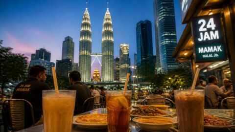 Iced beverages with paper straws at a Kuala Lumpur mamak table with the KLCC skyline in the background