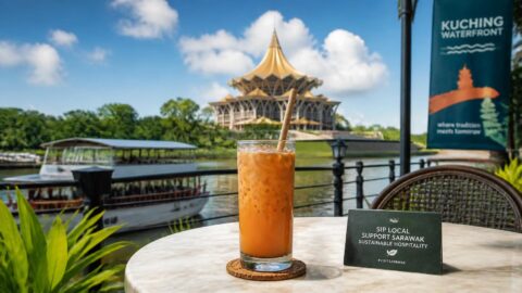 Iced Sarawakian milk tea with a paper straw along the Kuching Waterfront
