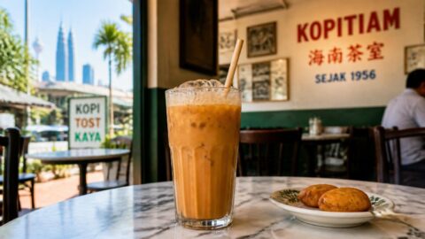 Iced Malaysian beverage with an eco-friendly paper straw on a kopitiam table