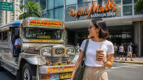 Manila street scene with iconic jeepney and commuter holding a beverage with a paper straw near a modern mall