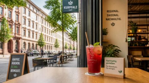 Cold beverage with an eco-friendly paper straw at a café in Mannheim's historic grid-city Quadrate district