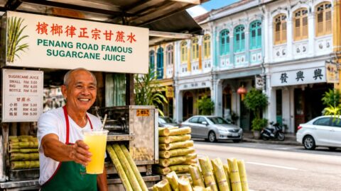 Traditional George Town hawker stall with a paper straw in a cold beverage against heritage shophouses