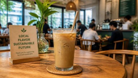 Iced Filipino beverage with an eco-friendly paper straw on a café table in Metro Manila