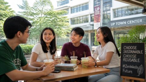 Students with iced beverages and paper straws at a café near a university campus in Quezon City