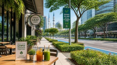 Modern café on a structured, leafy boulevard in Shah Alam featuring sustainable paper straws