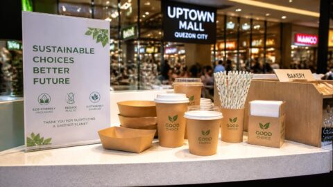 Sustainable paper straws and packaging at a modern shopping mall food court counter in Quezon City