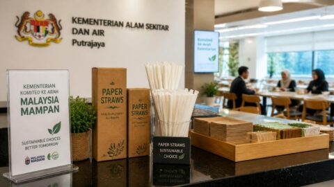 Sustainable paper straws and packaging at a modern federal government ministry cafeteria in Putrajaya