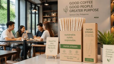 Sustainable paper straws and packaging at a student-frequented café in Quezon City