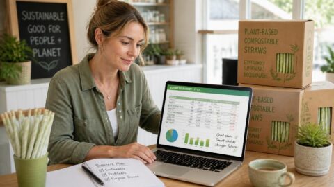Australian business owner reviewing AUD cost budget and compostable straw inventory