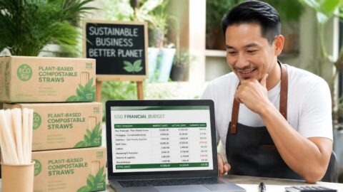 Singapore F&B business owner reviewing SGD cost budget and compostable straw inventory