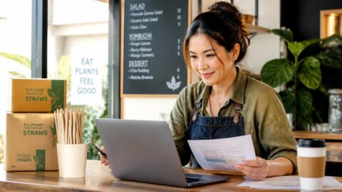 Business owner reviewing financial spreadsheet and compostable straw inventory for a café