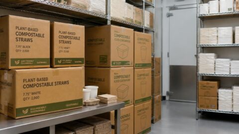 Organized bulk shipping boxes of compostable straws in a restaurant stockroom