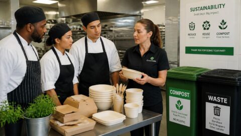 Restaurant staff training on compostable straw disposal and sorting in commercial bins