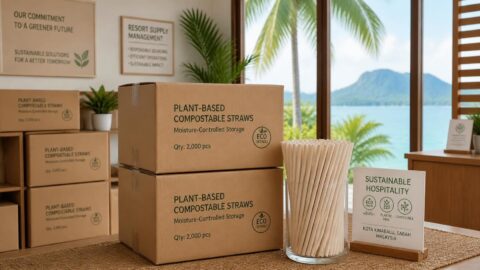 Sealed and moisture-controlled storage boxes of plant-based compostable straws in a Kota Kinabalu eco-resort
