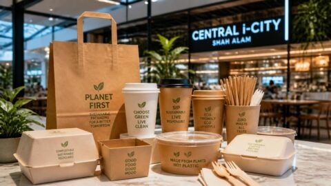 Sustainable paper straws and packaging at a modern commercial center in Shah Alam