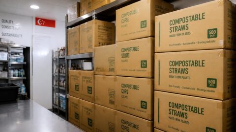 Stacked bulk cartons of compostable straws in a multi-outlet Singapore restaurant stockroom