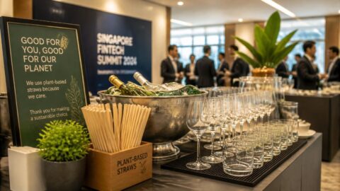 Professional catering bar setup with eco-friendly compostable straws at a Singapore corporate event