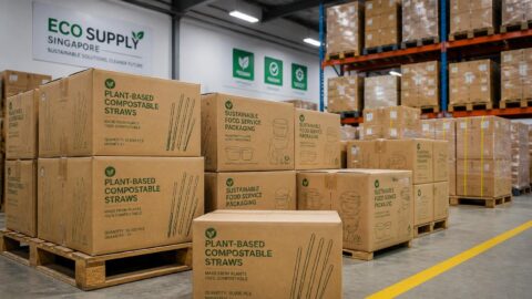 Organized bulk shipping boxes of compostable straws in a Singapore wholesale distribution warehouse