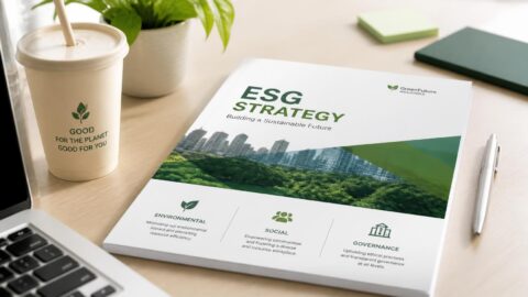 Corporate ESG reporting and sustainability strategy document next to eco-friendly packaging