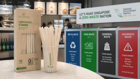 Certified compostable straw packaging with BPI and TÜV logos next to a Singapore waste sorting bin