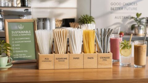 Collection of sustainable straw alternatives including compostable, paper, and pasta straws on an Australian café counter