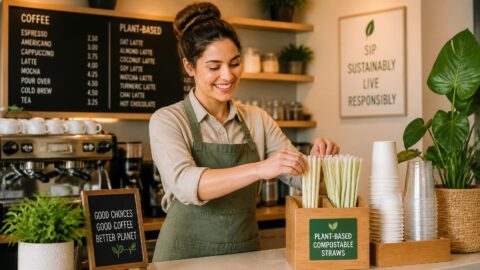 Café manager organizing eco-friendly compostable straws at a coffee shop bar counter