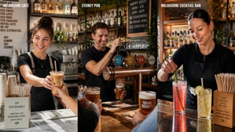 Collage of Australian cafés, pubs, and cocktail bars transitioning to sustainable compostable straws