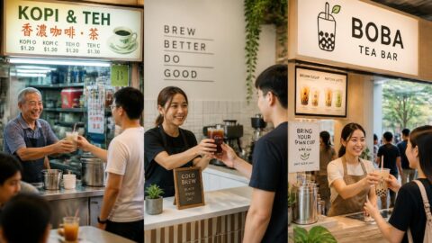 Collage of Singapore hawker stalls, cafés, and bubble tea shops transitioning to sustainable compostable straws