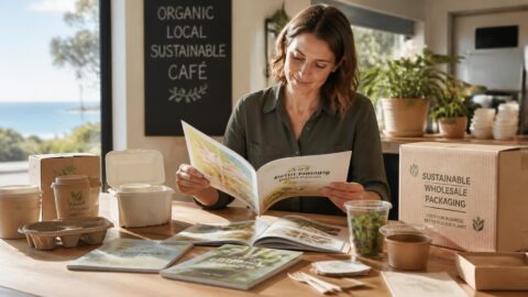 Australian café manager reviewing eco-friendly compostable straw sample packs and wholesale catalogues