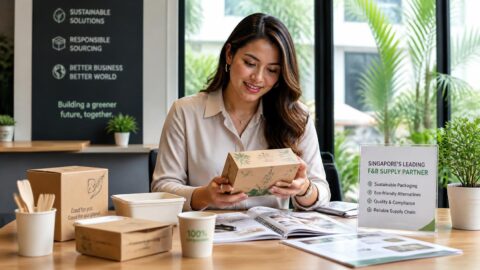 Singapore café procurement manager reviewing compostable straw sample boxes and wholesale catalogues