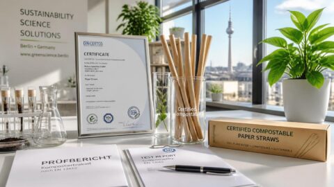 Certified compostable paper straws and scientific testing documents on a clean white desk