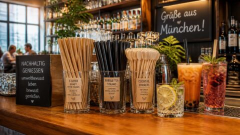 Assorted specialized paper straws organized next to refreshing beverages in a German restaurant