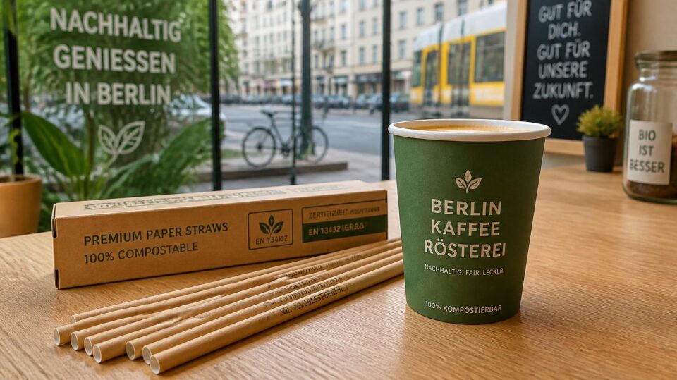 Certified compostable paper straws and a sustainable coffee cup in a Berlin café