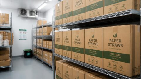 Sealed master cartons of eco-friendly paper straws stored on climate-controlled shelves in a commercial inventory room