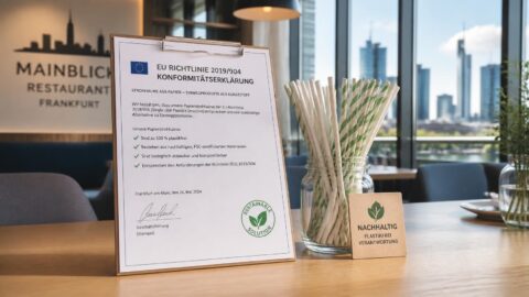 Legal compliance document and sustainable paper straws on a table in a German restaurant