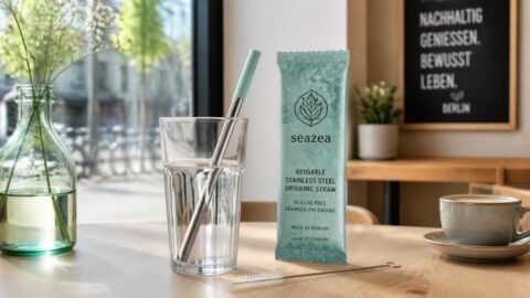 Reusable stainless steel straw, glass cup, and seaweed packaging on a wooden table in a Berlin café