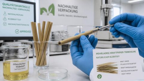 Close-up of multi-layer kraft paper straws and natural plant-based materials in a quality-control lab