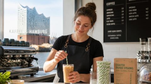 Barista preparing an iced coffee with a sturdy multi-layer paper straw in a Hamburg café