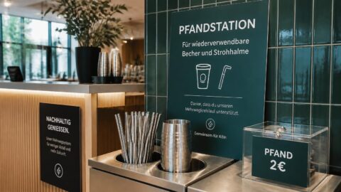 Return station for reusable stainless steel straws and cups inside a modern eco-conscious restaurant in Cologne