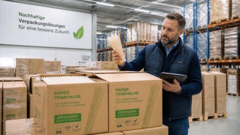 Supply chain manager inspecting bulk boxes of compostable paper straws in a climate-controlled German warehouse