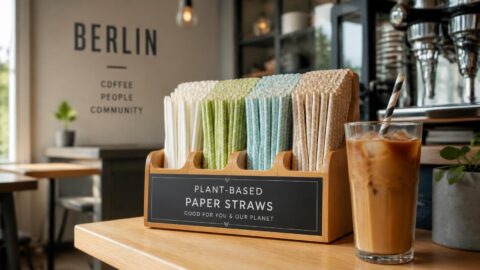 Organized dispenser of crisp multi-layer paper straws next to an iced coffee in a Berlin café