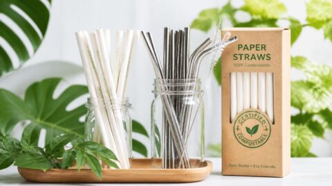 Assorted compostable paper straws and stainless steel reusable straws displayed with green foliage
