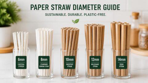 Close-up comparison of varying paper straw diameters standing upright in clear glass cylinders
