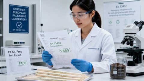 Technician reviewing compostability and PFAS-free test results for paper straws in a European packaging lab